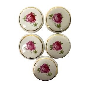 Vintage Rose Floral Gold Trim Porcelain Japan Made Cabinet Pulls Knobs Lot of 5